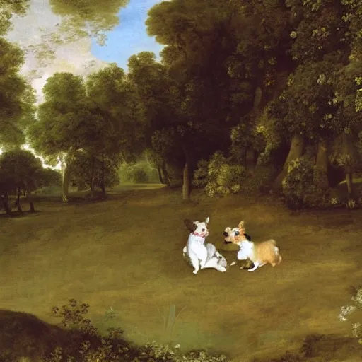 Prompt: oil painting by watteau of two corgis dancing in a formal garden.