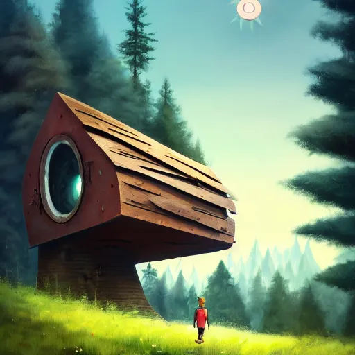 Image similar to a walking wood and metal house with two legs and one big eye, smoky chimney, rust, hyperrealistic, highly detailed, cinematic, single ray of sun, morning, pareidolia, gravity falls style, disney, ghibli, beautiful, pine trees in the background, cgssociety, artstation, 8 k, oil painting, digital art