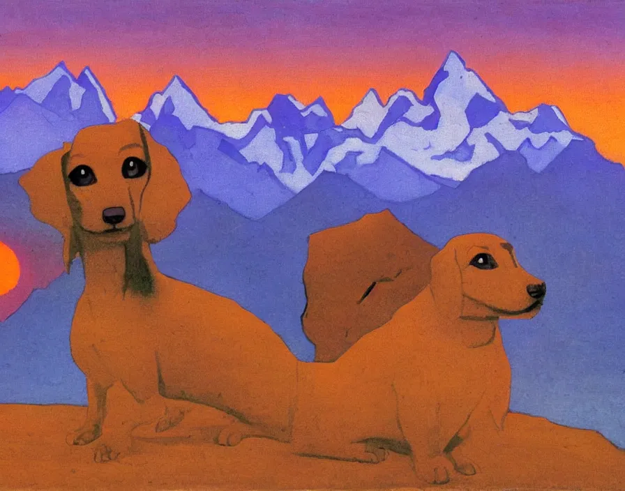 Image similar to Himalayan Dachshund, with Himalaya in the background, sunset, painting by Nicholas Roerich