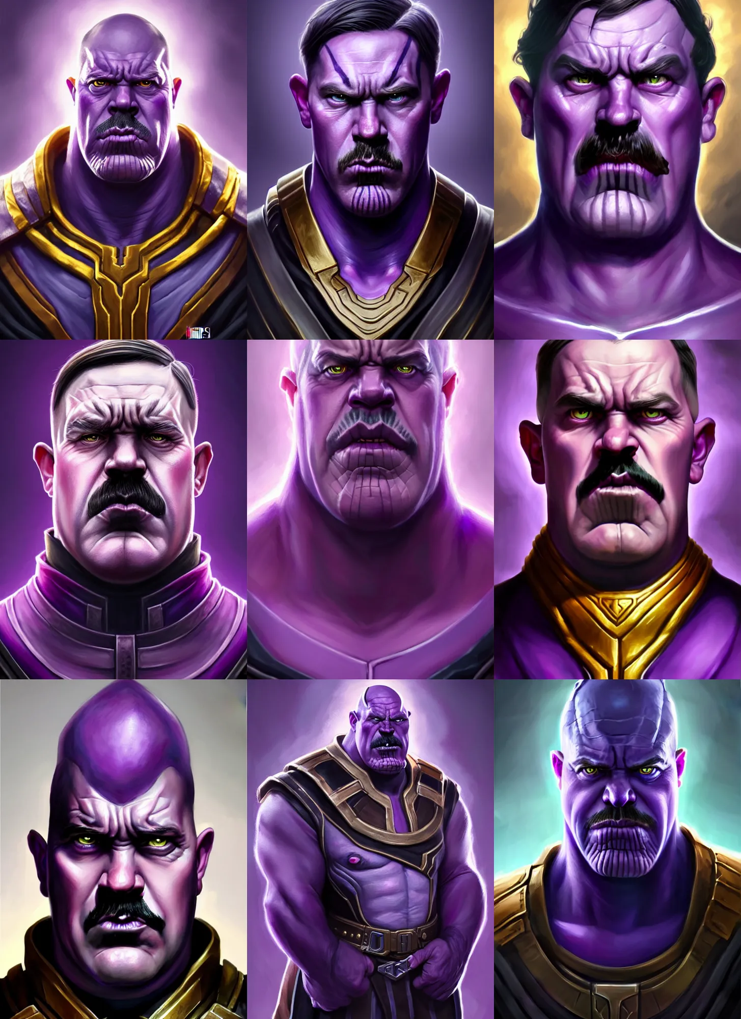 Prompt: a fantasy style portrait painting a character if adolf hitler and thanos had a son, purple skin, powerful chin, thanos style traits, painting, unreal 5, daz., rpg, portrait, extremely detailed, artgerm greg rutkowski _ greg