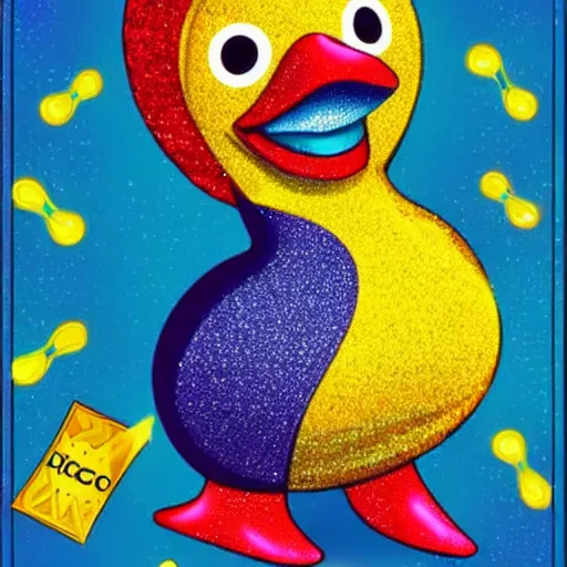 Image similar to the disco duck returns concert poster featuring the disco duck in his sparkling disco clothes.