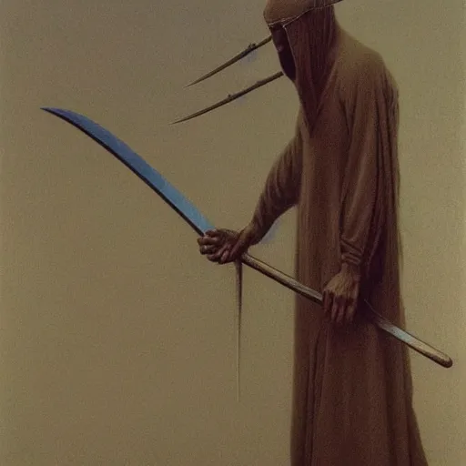 Prompt: swordsman by Zdzisław Beksiński, oil on canvas