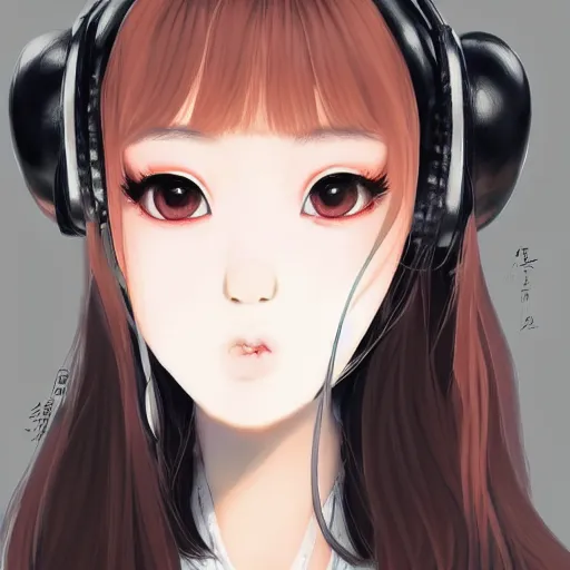 Image similar to realistic beautiful gorgeous natural cute Blackpink Lalisa Manoban black hair cute fur black cat ears, wearing white camisole, headphones, black leather choker artwork drawn full HD 4K highest quality in artstyle by professional artists WLOP, Taejune Kim, Guweiz on Artstation Pixiv