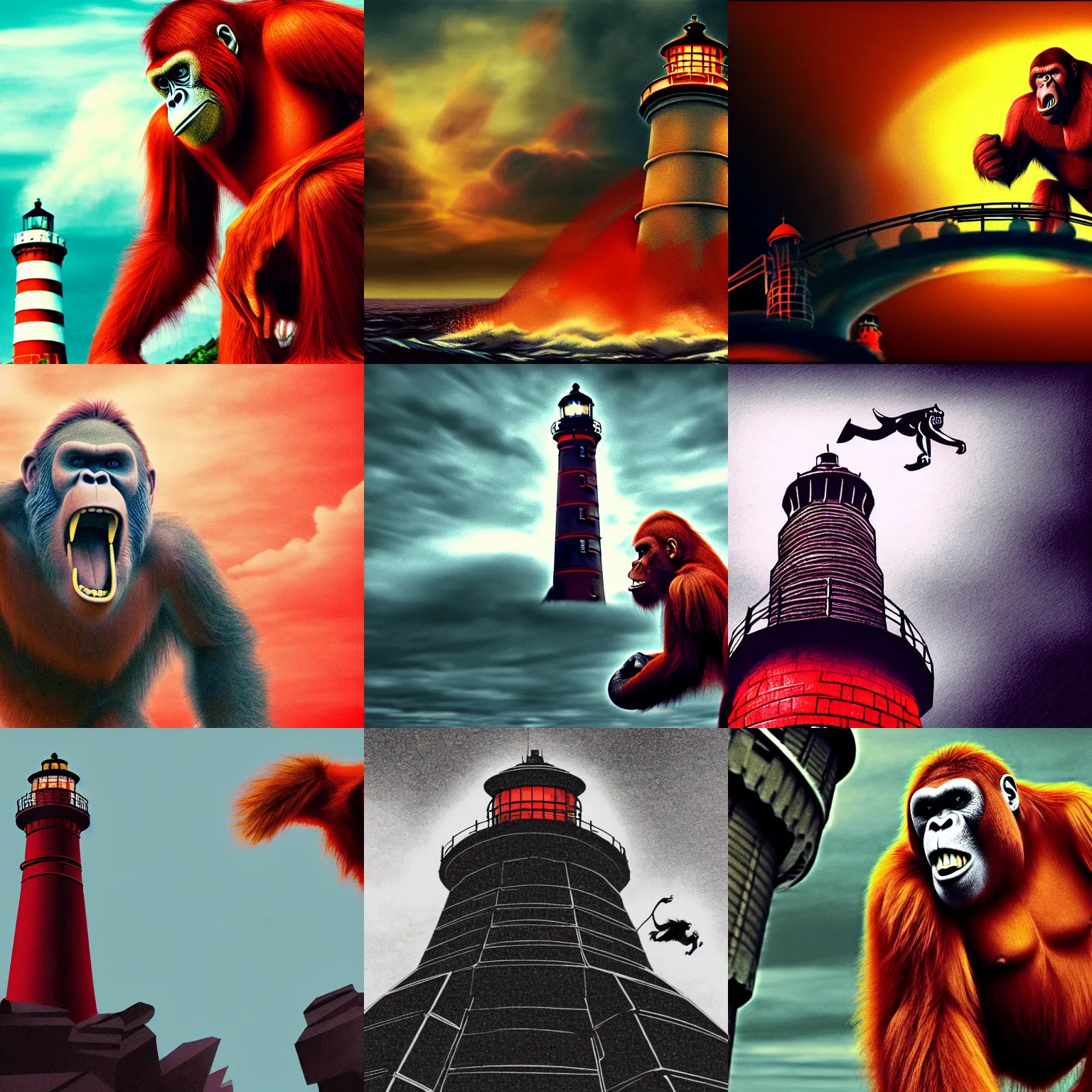 Prompt: red orangutan as kingkong raging on top of lighthouse building, movie screenshot, wallpaper, kingkong movie 1 9 3 3, colorfull, realistic, pixar, glomwave, hardmesh, sharp, black pen drawn edges