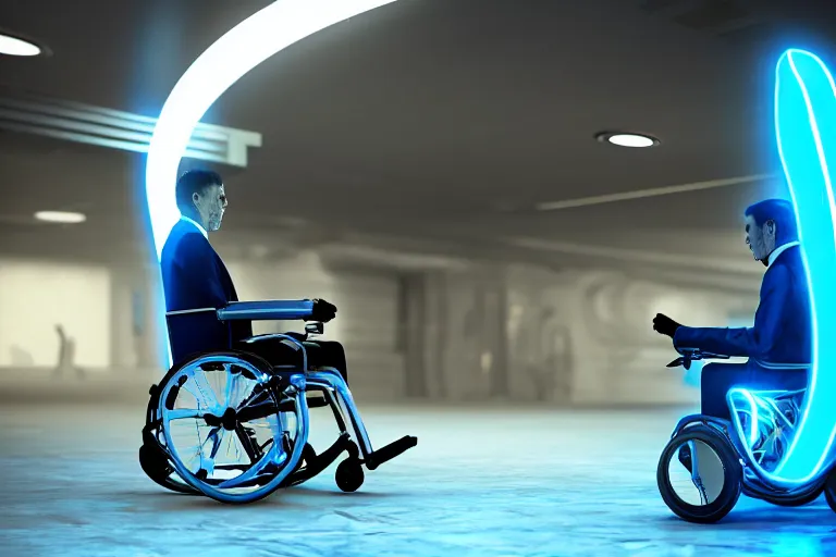 Prompt: man on a futuristic wheelchair, blue neon wheels, beautiful lighting, post processing, ultra realistic details, hyper real, unreal engine 5, octane render