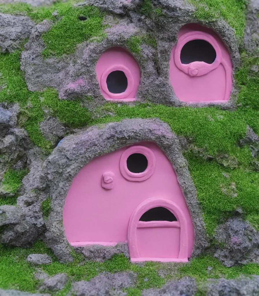 Prompt: a small pink and blue studio ghibli hobbit house, minimal details, realistic windows, 3 5 mm photography