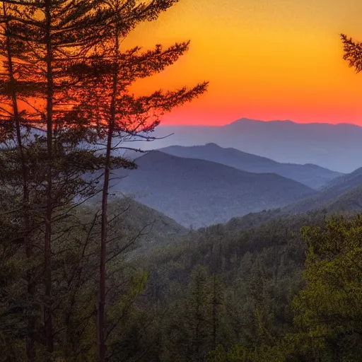 Image similar to calm peaceful wooded mountain during sunset, silhouetted trees against the sky, 8k hd, light reflection, relaxing, alone, first person