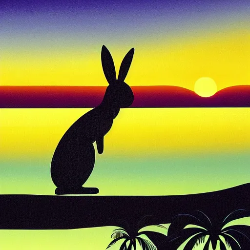 Prompt: rabbit near the sea watching the sunset, some palm trees, by eyvind earle, scott wills, genndy tartakovski