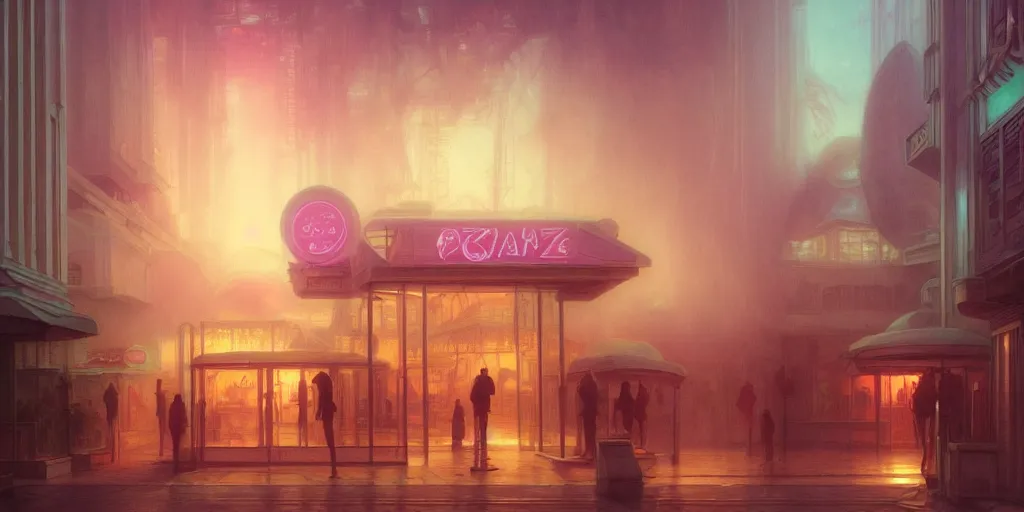 Prompt: concept art of a vaporwave palace made of pizza, illuminated fog, depth of field, cinematic lights, deep focus, intricate, elegant, highly detailed, foggy, mysterious, digital painting, artstation, concept art, matte, sharp focus, art by artgerm and greg rutkowski and alphonse mucha