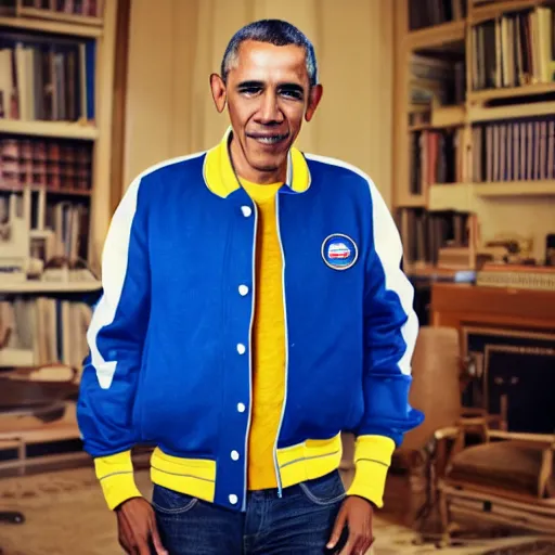 Image similar to realistic photo of casual barack obama wearing a royal blue varsity jacket with yellow sleeves