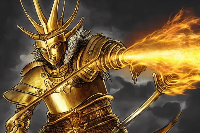 Image similar to an ultra detailed portrait of king richard the lionhearted as a paladin shonen anime protagonist charging into battle wearing a horned helmet and bright gold armor with a huge flaming longsword blessed by god, epic anime fantasy, 8 k, volumetric lighting, smooth, highly detailed, digital illustration, art by kentaro miura and akira toriyama and artgerm