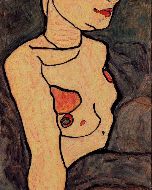 Image similar to portrait of young female robot on the sofa, in the style of Egon Schiele