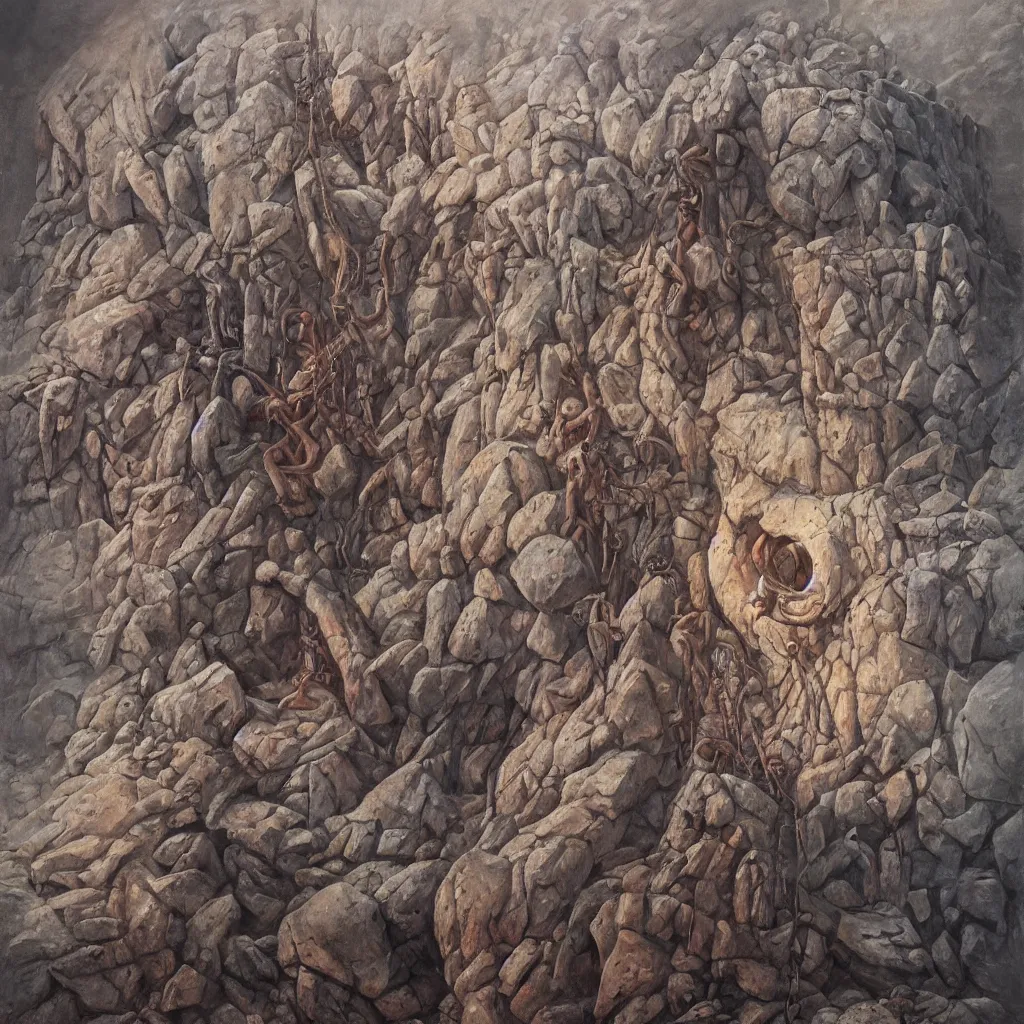 Image similar to oil painting of donald trump shackled to a giant stone letter q, painted by dan seagrave, wayne barlowe and zdzisław beksinski, front and center, intricate detail