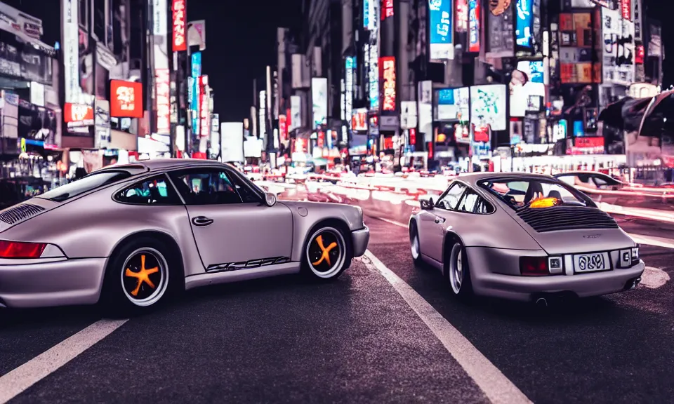 Image similar to photo of a porsche 911 at night driving fast through a city, cinematic, 4k, long exposure photography, tokyo drift, fast and furious, kodak portra 400