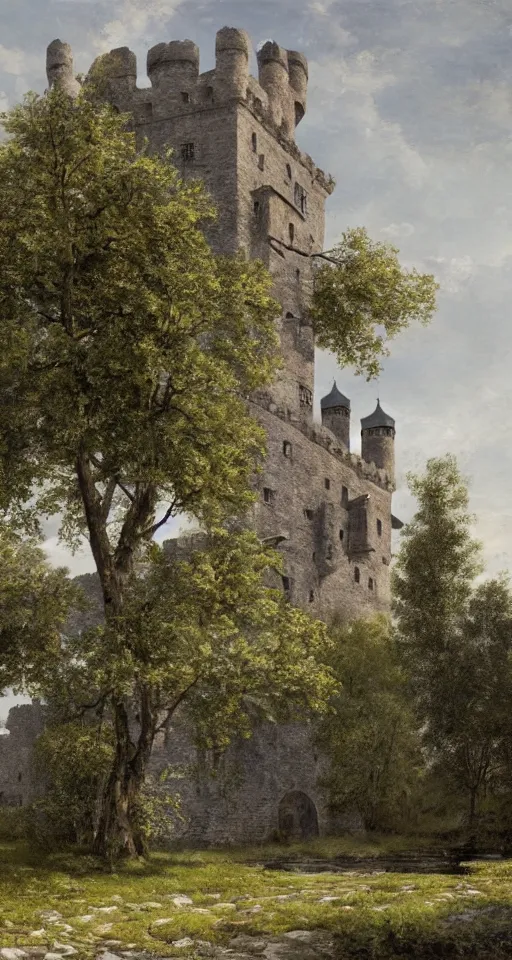 Prompt: wide - shot of high grey medieval castle on plateau, crawling vines on the stone wall, pond, nut trees, linden trees, highly detailed, sharp focus, matte painting, by isaac levitan and asher brown durand,