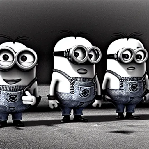 Prompt: the minions in the middle of of world War 2 battle, black and white