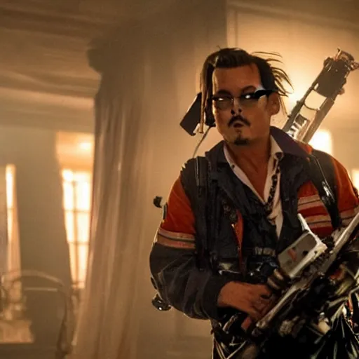 Image similar to Johnny Depp playing a Ghostbuster in the movie Ghostbusters 8k hdr movie still