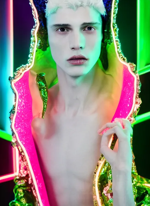 Image similar to photo of baroque and bladerunner delicate neon sapphire sculpture of seductive onyx albino king adrien sahores geometric pink iridescent humanoid deity wearing black fluffy hoody holding diamond skull in a black metallic dungeon, reclining, glowing rainbow face, crown of white diamonds, cinematic lighting, photorealistic, octane render 8 k depth of field 3 d