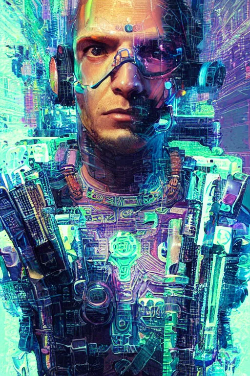 Image similar to A portrait of the Techgnosis author Erik Davis as a cyberpunk, iridescent highlights, background of digital greebles, highly detailed, intricate, soft, sci-fi, sharp focus, glowing lines, art by Ruan Jia and Moebius