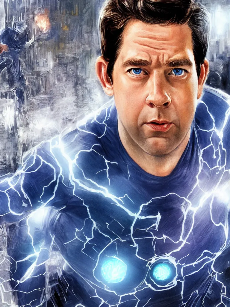 Prompt: john krasinski as Mr. Fantastic, close up, intricate, looking at camera, extremely detailed, sharp focus, concept art, illustration, sci-fi, volumetric lighting, art by Alex Ross