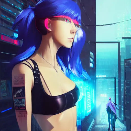 Image similar to hyper realistic photograph portrait of cyberpunk hot pretty girl with blue hair, wearing a full leather outfit, cyber implants, in city street at night, by makoto shinkai, ilya kuvshinov, lois van baarle, rossdraws, basquiat