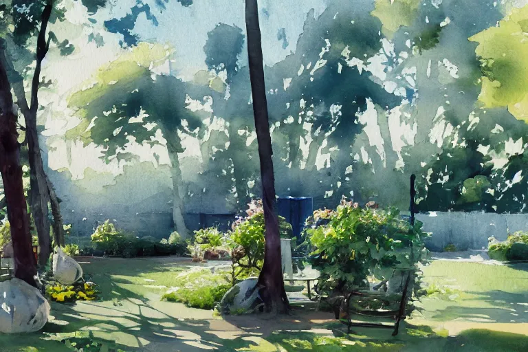 Prompt: small centered on watercolor paper, paint brush strokes, abstract watercolor painting of tennis court, daylight, shadows, covering foliage, sunlight shining through, translucent leaves, cinematic light, national romanticism by hans dahl, by jesper ejsing, by anders zorn, by greg rutkowski, by greg manchess, by tyler edlin