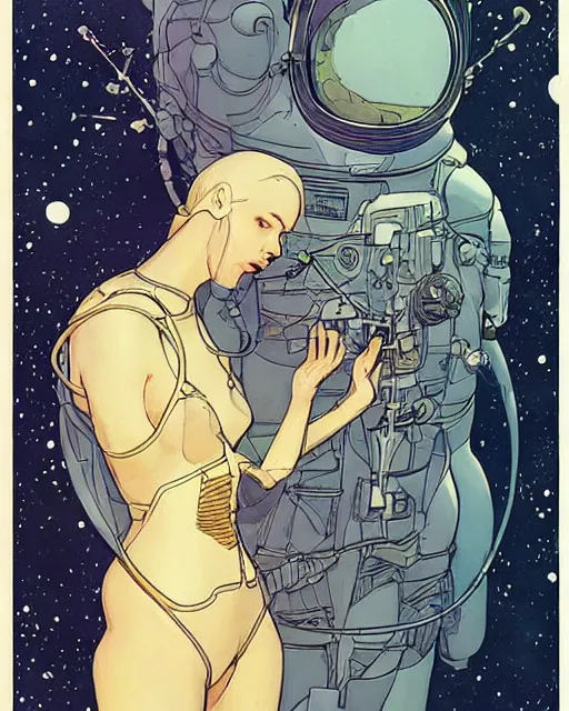 Prompt: a beautiful woman in a future space suit artwork by james jean, Phil noto and rebecca guay