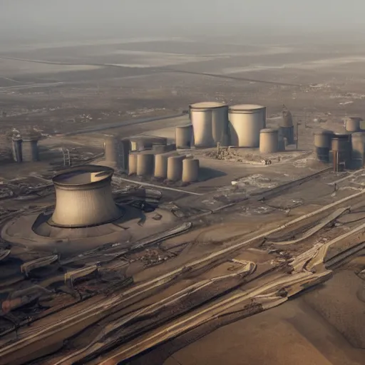 Image similar to an aerial view of an abandoned industrial terrain with giant nuclear plants and cooling towers, night time, shot from the blade runner 2049 movie, moody, dark, foggy