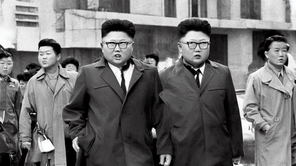 Image similar to kim jong - il walking in 1 9 6 0 s pyongyang, film noir thriller in the style of orson welles and andrei tarkovski