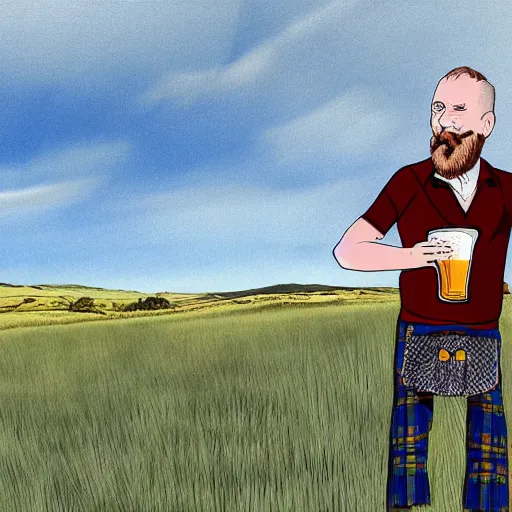 Image similar to a Scottish man holding a pint of beer in the middle of an empty field, In the back ground of the frame is a beautiful landscape., physically accurate, dynamic lighting, intricate, elegant, highly detailed, digital painting in the style of very very ralph steadman, sharp focus, illustration