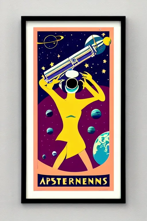 Image similar to art nouveau art deco travel poster. astronaut lady with a raygun in outer space, alien planets, framed poster