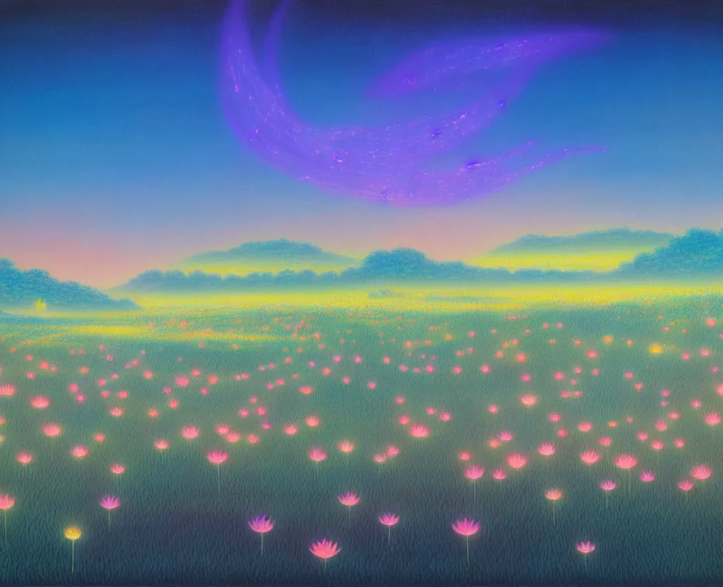 Image similar to a landscape pastel in the style of noriyoshi ohrai of a field of lotus flowers, glowing with iridescent mana, night time early dawn. key art. 4 k retrofuturistic fantasy