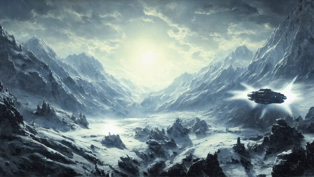 Image similar to space battleship hovering over snowy valley by eugene von guerard, ivan shishkin, dramatic lighting, concept art, trending on artstation, 8 k
