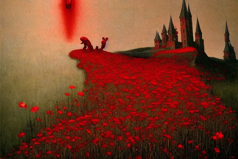 Image similar to only with red, red flowers of different types, a red tiger, a castle in the background, medieval demons dance over the flowers, an ancient path, in the style of beksinski, part by hopper, part by rodcenko, part by hofbauer, intricate composition, red by caravaggio, insanely quality, highly detailed, masterpiece, red light, artstation