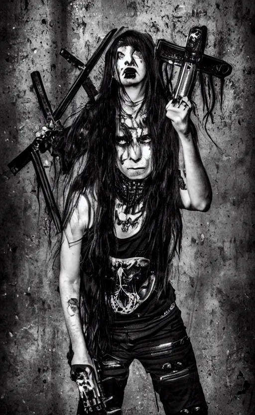 Image similar to black metal gangs, abandoned warehouse, metal jacket, photo group, make up, long hair, cyberpunk, punk art, weapon, drugs, flex box position, stability, intricate, elegant, 8 k, uhd, justify, artstation, concept art, matte, sharp focus, illustration, consistent, highly detailed object content, proportional object content