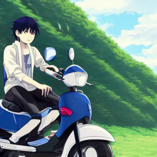 Prompt: close up of a anime guy with dark blue hair and streetwear clothing riding a in a 1990 black honda c90 with armenia quindio in the background , Artwork by Makoto Shinkai, pixiv, 8k, official media, wallpaper, hd