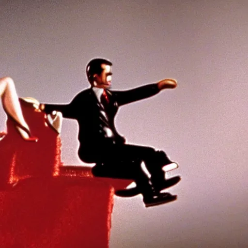 Prompt: film still, Ayn Rand riding John Galt in American Psycho