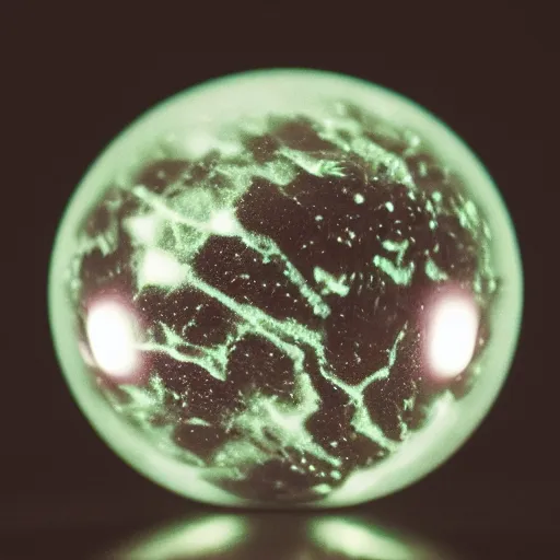 Prompt: a realistic glass marble with glowing specs, photography 500px, close up, depth of field.