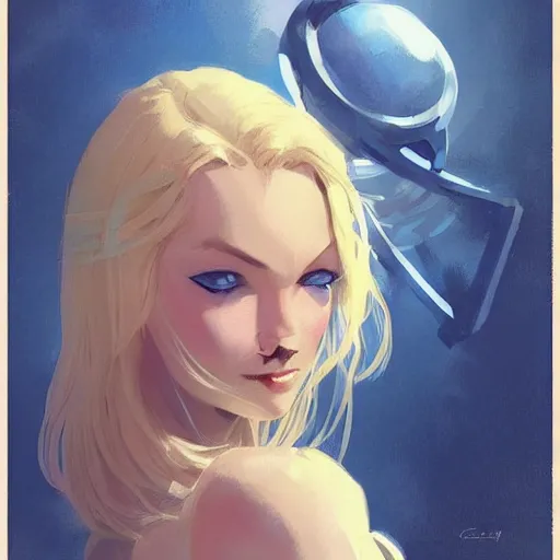 Image similar to portrait of beautiful girl with blond hair and blue eyes, League of Legend illustration by Greg Rutkowski:1, profile picture by Gil Elvgren:2, asymmetrical, Organic Painting, Ambient Occlusion:3, Matte Painting, geometric shapes, hard edges, street art, trending on the artstation, realistic:2 by Sachin Teng:5