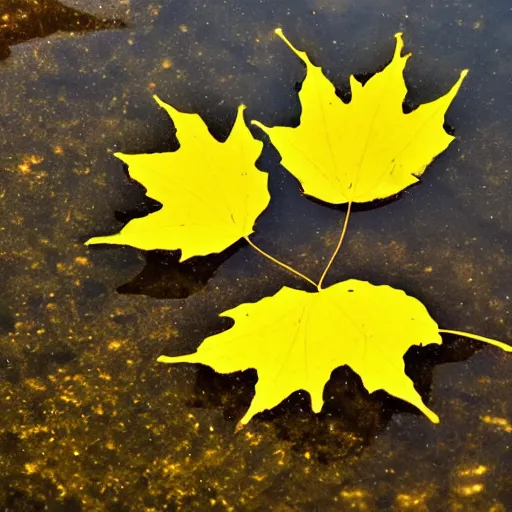 Image similar to close - up of a yellow maple leaf floating on top of a pond