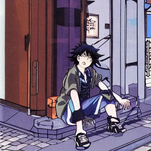 Image similar to a depressed anime boy in Copenhagen, anime visuals, Copenhagen, Hirohiko Araki artwork