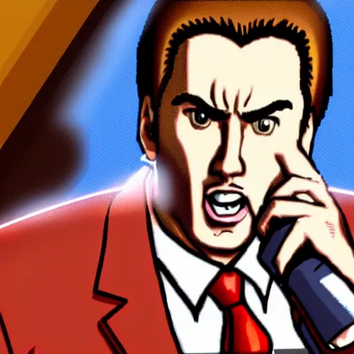 Image similar to nic cage as phoenix wright yelling objection!, in game screenshot, hd digital pixel art