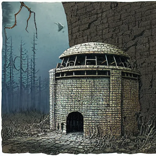 Prompt: pillbox paragonpunk fortress half-sunk in a radioactive Swamp, by Colleen Doran and by Angus McBride and by Ted Nasmith, low angle dimetric rendering, centered, 1-point perspective