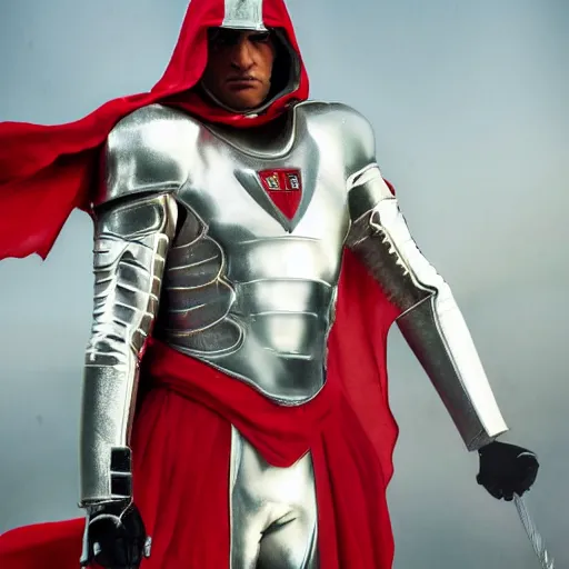 Image similar to portrait of a tall muscular infantry man in glossy sleek white armor with small red details and a long red cape, heroic posture, determined expression, on the surface of mars, night time, dramatic lighting, cinematic, sci-fi, hyperrealistic, movie still