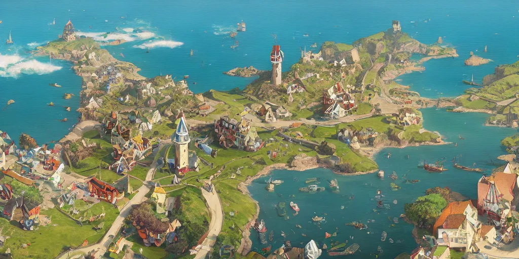 Image similar to quaint seaside village landscape as seen from above, no people, pokemon sword and sheild, bright future, social realism, highly detailed, digital painting, artstation, concept art, matte, sharp focus, illustration, art by artgerm and greg rutkowski and alphonse mucha