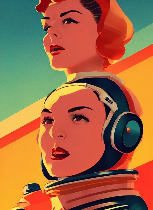 Prompt: illustration of the first female astronaut to reach and explore far off alien planet, retro futurism 1 9 5 0 s, half portrait by stanley artgerm, dramatic lighting, ilya kuvshinov, trending on artstation, flat colour, geometric curves, gradient filter, pleasing tone colours, by conrad roset