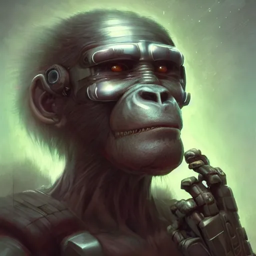 Image similar to an cyberpunk ape philosopher deep in thought, medium shot, oil on canvas, no noise, elegant, concept art, sharp focus, beautiful face!!, smooth defined outlines!!, by Brom, trending on Artstation, Tom Bagshaw, Sargent