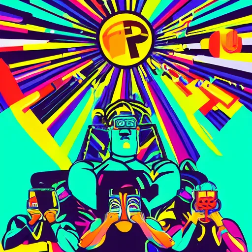 Image similar to wrestlers wearing vr headsets, vr goggles, shrugging, shrugging arms, intricate complexity, inverted neon rainbow drip paint, trending on art station, digital illustration by tom whalen