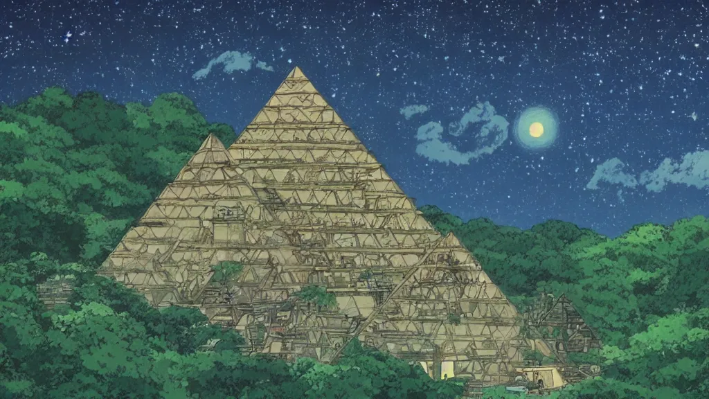 Image similar to a movie still from a studio ghibli film showing a pyramid as a mine runoff storage facility in the rainforest on a misty and starry night. by studio ghibli