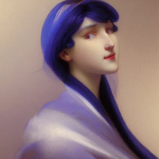 Image similar to a young woman's face, her hair is white and she wears an indigo blue satin cloak, by ivan aivazovsky and syd mead and moebius and gaston bussiere and roger dean and pieter claesz and paul delaroche and alma tadema and aelbert cuyp and jan heem, hyperrealistic, volumetric light, octane render